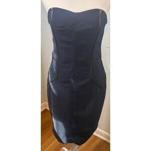 Yigal‎ Azrouel Strapless Bodycon Dress Size 6 Lambskin Trim Navy Blue Edgy